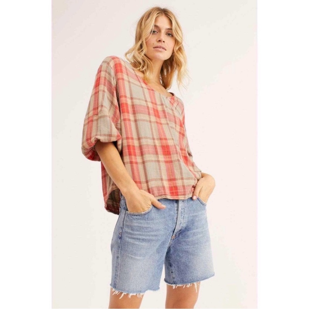 CP Shades x Free People Billie Puff Sleeve Plaid Cotton Blouse Size M